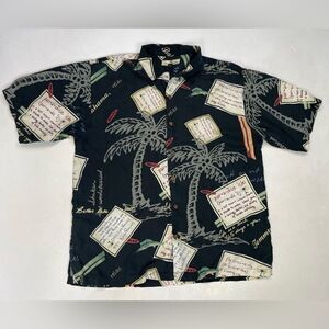 Tommy Bahama All Over Print Silk Shirt Men Large Black Short Sleeve